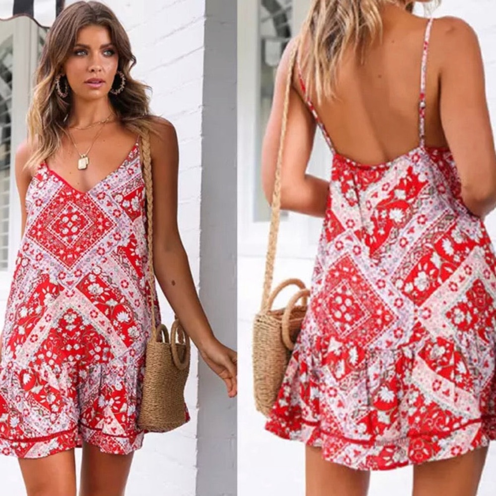 NWT! Erica Strappy Dress in Floral (Red Patchwork)